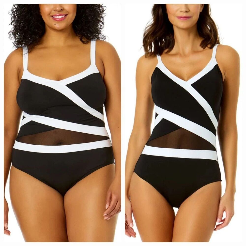 ANNE COLE One Piece Swimsuit Womens Size 14 Black Mesh Wrap Colorblock V-Neck